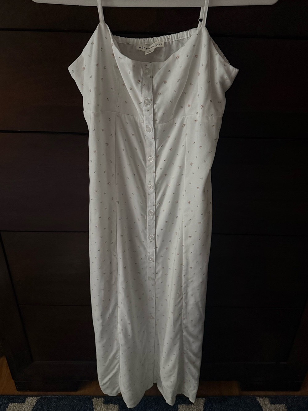 Aeropostale White Spaghetti Strap Button-Front Maxi Dress with Tiny Floral Print